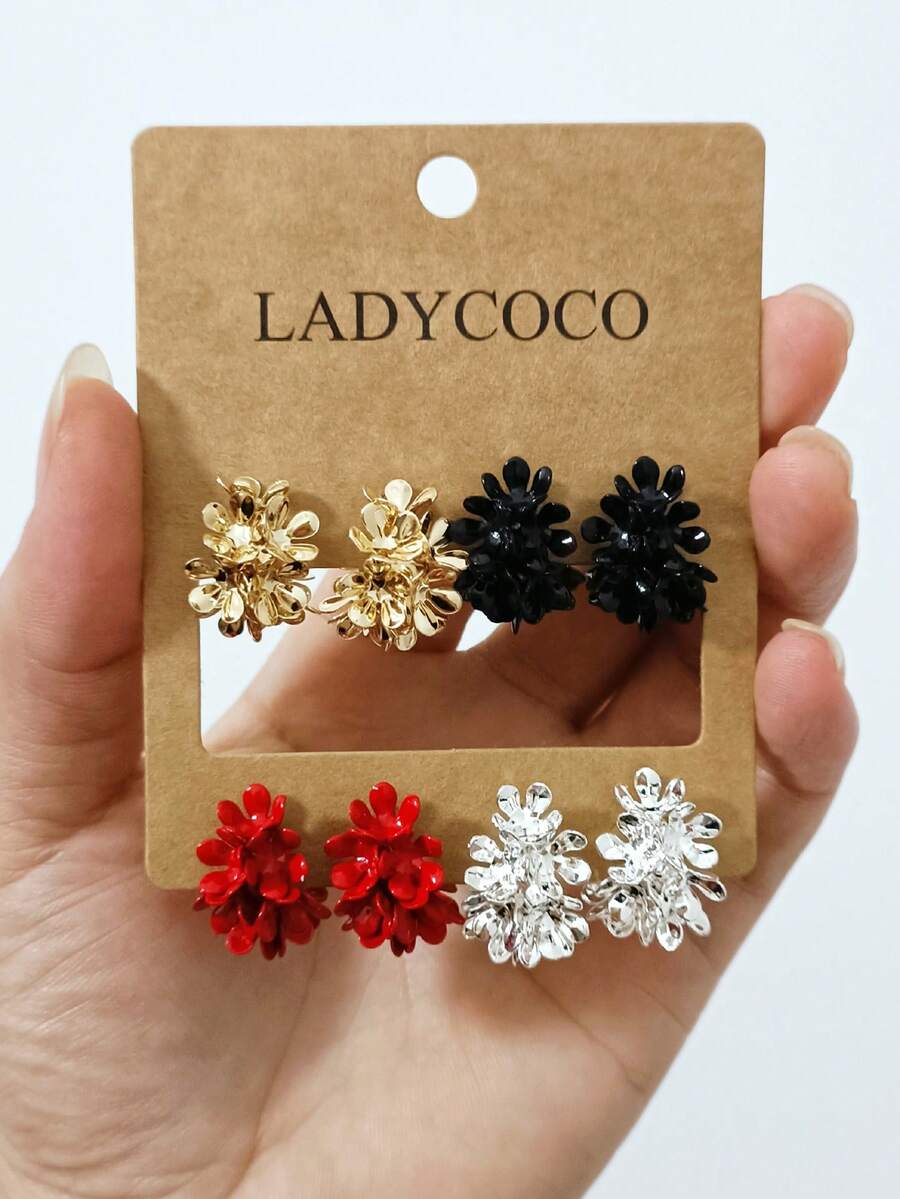 LADYCOCO 4 Pairs Fashionable Elegant Multilayer Floral Earrings Set For Women - Multicolor - View 1