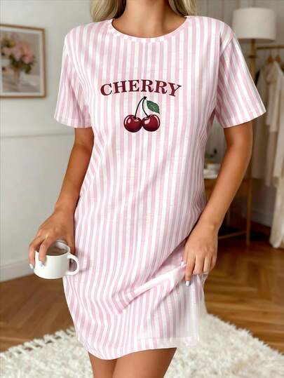 Randig rund halsringad nattlinne med bokstäver och körsbärsmönster för kvinnor, kortärmad nattlinne, körsbärsfärgad klänning