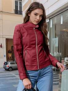 Giolshon 女士秋冬 PU 皮革夹克，街头风格设计，带拉链口袋，适合城市通勤和旅行，兼具时尚与实用性。 - 紅色 - 查看 5