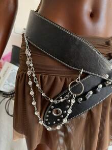 1pc Rhinestone Chain Combination Wide Waist Belt, Original Curved Hook BB Flashy Y2K Fashion PU Leather Wide Belt, Suitable For Music Festivals, Halloween, Christmas And All Holidays As Well As Daily Use - Multicolor - View 2