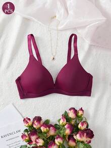 1件装 V 型女士舒适无钢圈软杯纯色内衣文胸 - 酒紅色 - 查看 1