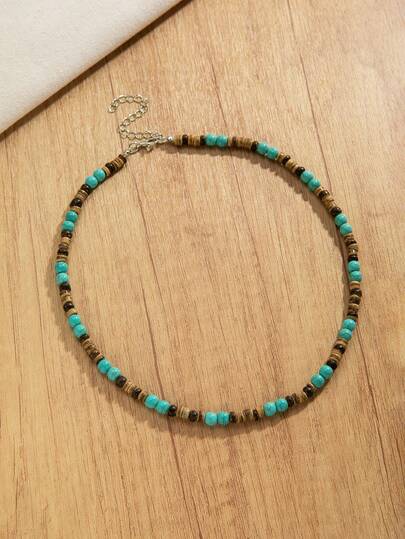 1pc Vintage Western Style Mixed Turquoise Wooden Bead Adjustable Short Necklace, Simple Minimalist Necklace Jewelry For Men, Suitable For Daily Wear