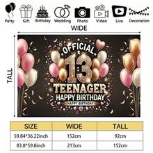 2D平面单件装亮面玫瑰金13岁生日横幅 - 耐用涤纶材质，可重复使用，青少年派对装饰，印有“Official Teenager”字样，包含气球和星星，适用于家庭、庭院、影棚道具和节日庆典，时尚气球布置，光滑表面，生日派对装饰
