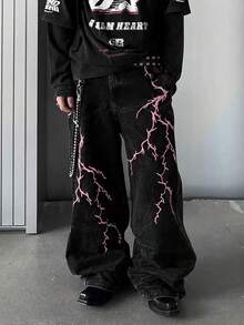 1件男女通用休闲宽松阔腿牛仔裤，美国街头服饰品牌设计（不含腰带和配饰） - 黑色 - 查看 1