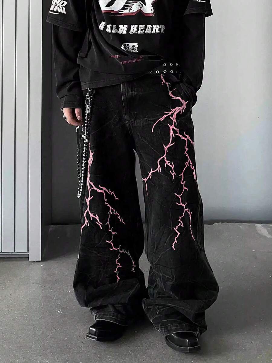 1件男女通用休闲宽松阔腿牛仔裤，美国街头服饰品牌设计（不含腰带和配饰） - 黑色 - 查看 1