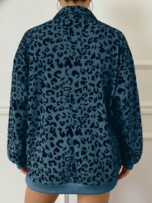 Plus Women's Leopard Print Half Zipper Loose Sweatshirt - 藍色 - 查看 2