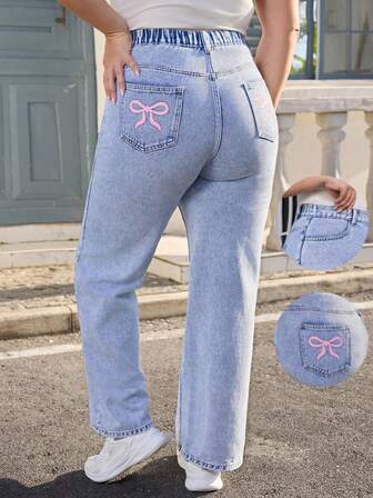 大码女式牛仔裤 2025 新款刺绣口袋直筒牛仔裤