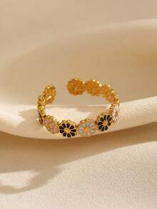 1pc 18K Stainless Steel Drip Oil Daisy Flower Ring, Fashionable, Elegant, Suitable For Daily Wear, Gatherings, Dates, Perfect Gift For Friends - Multicolor - View 2