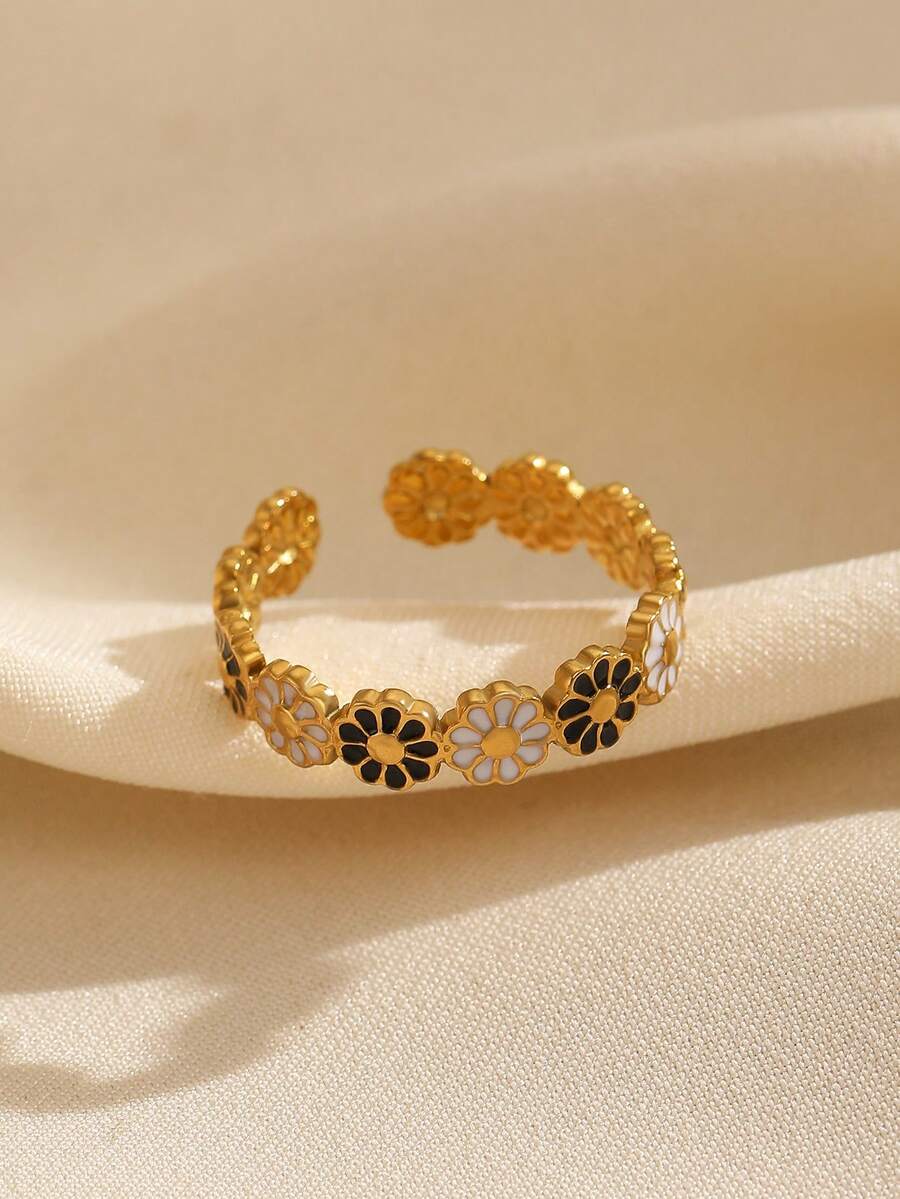 1pc 18K Stainless Steel Drip Oil Daisy Flower Ring, Fashionable, Elegant, Suitable For Daily Wear, Gatherings, Dates, Perfect Gift For Friends