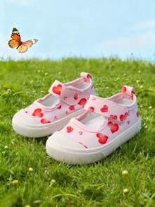 1 Pair Baby Girls' Heart-Shaped Fashion Cute Breathable Casual Flat Slip-On Shoes, Suitable For Spring Wear - Pink - View 1