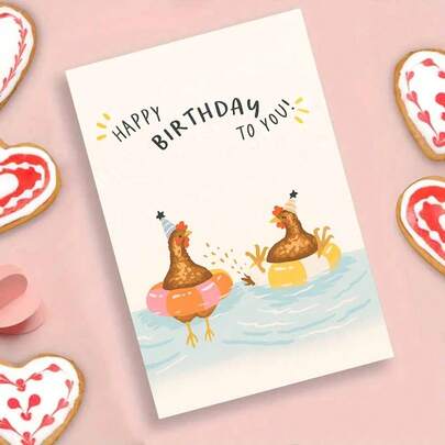 1pc Funny Swimming Chickens Birthday Card Greeting Card With Envelope Playful Farm Animal Design With Party Hats In Water Scene, Perfect For Sending Joyful Birthday Wishes, Great For Friends, Family Members, Coworkers
