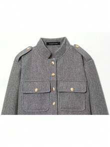 SHIBASHAN 女士复古单排扣灰色长袖外套，带口袋，秋季休闲OL外套 - 灰色 - 查看 4