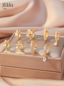 Hihho 8 件/套经典花形水晶耳钉，搭配闪亮锆石耳圈，优雅女士珠宝套装，非常适合日常佩戴和节日派对礼物 - 金黃色 - 查看 7
