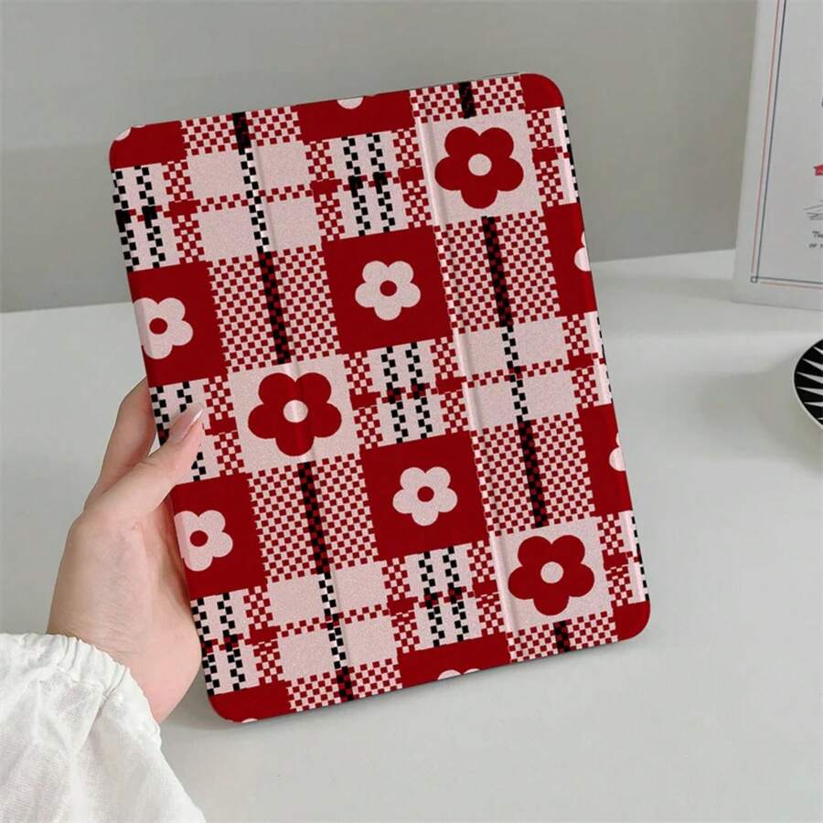 Korean Flower Plaid 2024 11 Inch Air5/4 10. 9 10/5/6//8/9 9th 3 10. 2/10. 5'' 6/5/4 Cases. Accessories. Merry & Happy New Year 2026 Aesthetic Festive Red Floral Print Shockproof Tablet With Pencil Slot Stand Function Scratch-Resistant Protective Cover - Black - View 1