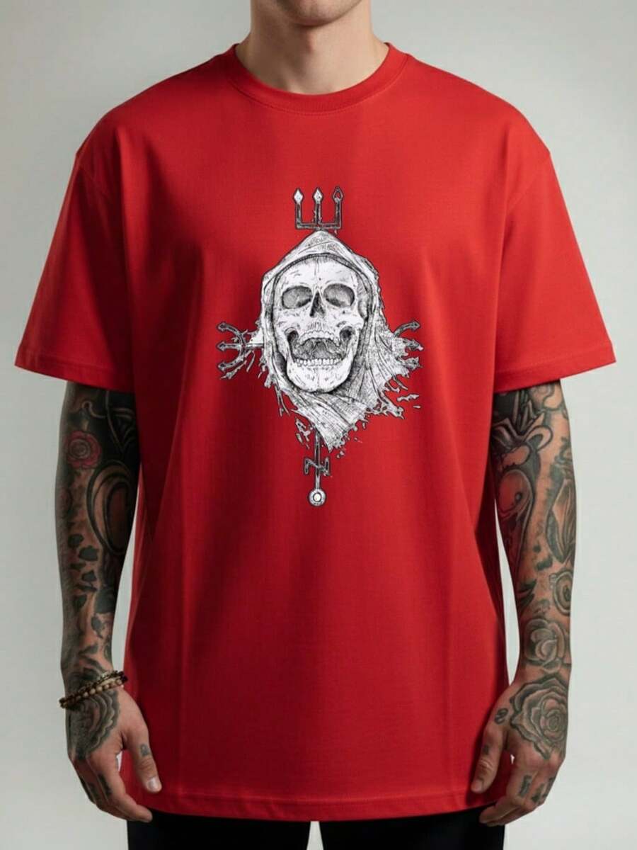 Unisex Streetwear Style T-Shirt With Skull, Crayon, Cloak And Trident Print - Stylish Men's And Women's Shirt - 100% Cotton - Free Shipping On - 紅色 - 查看 1