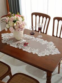 1 件 100% 涤纶刺绣桌旗，银色绣花线，婚礼和派对桌布 - 白色 - 查看 12