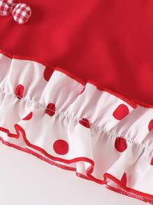 2pcs/Set Young Girl Outfit, Spring/Summer New, Ruffled Butterfly Decor Top + Loose Polka Dot Print Pants, Suitable Gift For Little Girls - Red - View 5