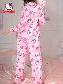 Sanrio 2pcs Hello Kitty Sleepwear Set For Women, Featuring Hello Kitty Design, Bow & Heart Print, Long Sleeve Top And Pants, Cute Pajama Set, Loungewear - Baby Pink - View 2