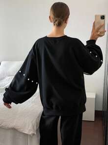 Women's Round Neck Pearl Button Decor Lantern Sleeve Loose Mesh Splice Sleeve Thickened Solid Color Sweatshirt, Halloween Costume Fall/Winter - Black - View 5