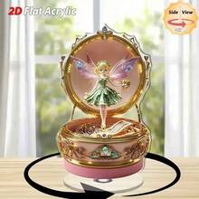 2D平面，1个优雅仙女音乐盒，带旋转底座 - 2D平面亚克力桌面摆件，金色饰面，柔和闪亮的旋律，精美的盒盖和仙女造型，适合家居/办公室展示、室内使用，营造梦幻夜晚氛围或作为实用装饰摆件，配有金色音乐盒和发光仙女，耐用的亚克力结构，适合各种房间