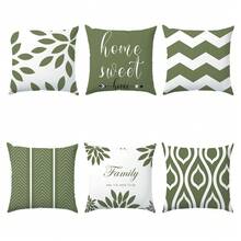 6 件简约日常绿色几何“甜蜜之家”抱枕套，单面印花柔软桃色天鹅绒面料，45*45/50*50/40*40 厘米靠垫套适用于室内装饰、派对、礼物 - 6pc-綠色 - 查看 12