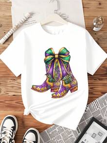 Mardi Gras Cowboy Boots With Bow T Shirt Women's Festive Purple Green And Gold Design Casual Graphic Tee For Celebration Party Wear - 白色 - 查看 3