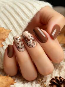 用24片中号方形美甲贴片表达你的爱意，优雅的棕白色花朵、棕色枝叶、时尚焦糖棕、木棉栗棕色假指甲，全覆盖式假指甲贴片，适合女性和女孩。包含1张粘合贴片和1个迷你指甲锉，果冻凝胶，随机发货。 - 棕色 - 查看 1