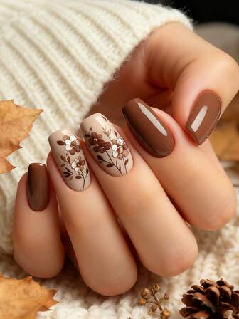 Expresa tu amor con 24 uñas postizas cuadradas medianas con elegantes flores blancas y marrones, ramas y hojas marrones, uñas de color marrón caramelo y marrón kapok. Uñas postizas de cobertura completa para mujeres y niñas, incluye 1 hoja de pegatinas adhesivas y 1 lima de archivo mini. Envío aleatorio de gel de gelatina.