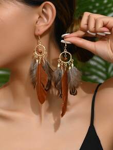 1 Pair Retro Feather Fashion Earrings, Suitable For Daily Outfit - Multicolor - View 5