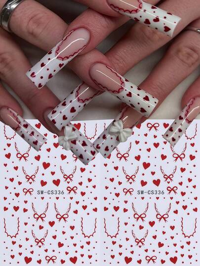 2pcs Red Heart & Bow Nail Art Stickers, 3D Self-Adhesive Romantic Heart Pattern Nail Decals, Valentine's Day Nail Art Decorations, Easy To Apply, Suitable For Women, Heart Nail Stickers Nails Nail Supplies