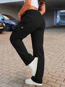 Solid Flap Pocket Cargo Pants - Black - View 4