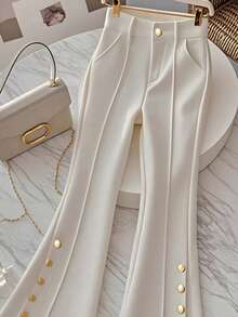 Quần ống loe cạp cao màu trơn mùa hè dành cho nữ, đa năng, phù hợp đi làm hàng ngày, giúp thon gọn vóc dáng, có khóa kéo và trang trí cúc vàng. Mùa xuân! - Màu be - Xem 6