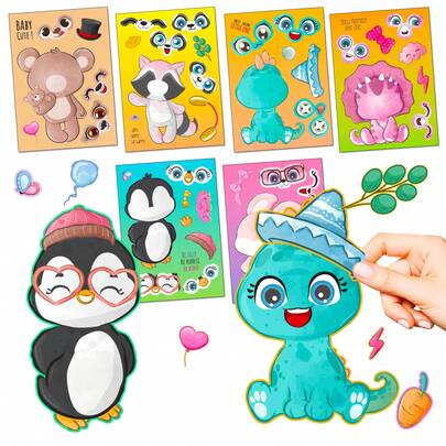 6pcs Cute Animal Transformation DIY Stickers, Fun Assemble Stickers Suitable For Party Favors, Crafts, Holidays, Birthdays, Mother's Day, Graduation Gifts