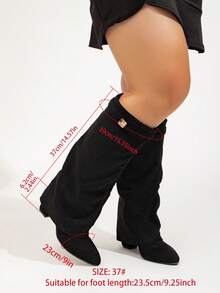 Women's Fashion Wide Width Faux Leather Tall Boots, Folding Shaft, Chunky Heel, Sexy Outdoor Knee-High Boots, Wide Leg Heels Wide Fit - Flannel Black - View 3