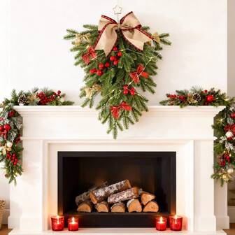 1pc Artificial Christmas Wreath With Pine Needles, Berries And Pinecones, Red Decoration For Front Door, Living Room Fireplace, Holiday Atmosphere, Green Vine Wreath Decor