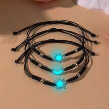 2pcs/3pcs Set Fashion Woven Luminous Heart, Sun & Moon Bracelets, Minimalist Couple/Friendship Jewelry Set, Glow-In-The-Dark Lucky Knot Bracelets - Multicolor - View 2