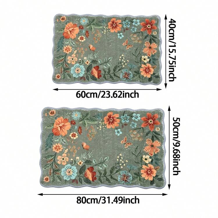 1 Pc Bohemian-Style Green Floral Wave-Patterned Entryway Rug, Soft And Comfortable Faux Cashmere Material, Low-Pile Decorative Mat, Dimensions: 19.69*31.49 Inches & 15.74*47.24 Inches, Washable Kitchen Rug, Ultra-Thin And Soft Rug, Non-Slip Indoor Doormat, Suitable For Bathroom And Bedroom. - Multicolor - View 9