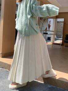 百搭柔软褶皱A字裙，高腰，飘逸，厚面料，2025秋冬新品 - 米色 - 查看 6