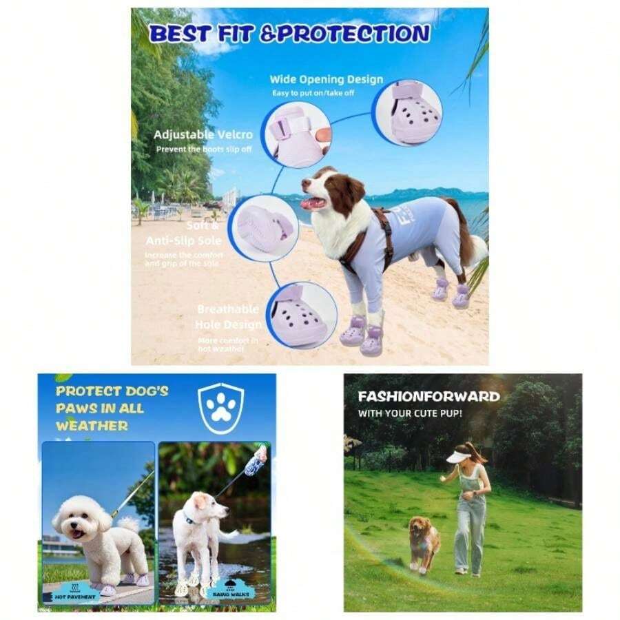 Dog Shoes Hot Pavement, Waterproof Dog Shoes Small Medium Dogs, Breathable Non - Slip Dog Boots Paw Protectors With Rubber Soles, Dog Booties Beach And Snow Purple, Medium - 粉紅色+大號 - 查看 1