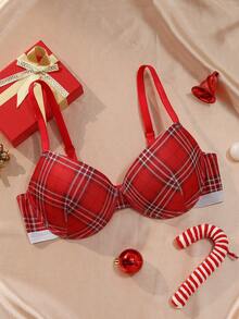 Biustonosz damski w świątecznym stylu z fiszbinami – w kratę, push-up, z bocznym wsparciem, wygodny i stylowy, idealny na świąteczne okazje i do noszenia na co dzień - Czerwony - Zobacz 1