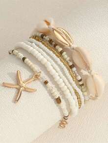 Women's Bohemian Style Starfish, Beach Shell And Rice Braid Bracelet, 7 Piece Set - Blanco - Ver 1