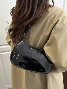 纯色简约拉链单肩包，时尚简约新月形包，拉链单肩包，人造革纯色钱包，酒红色内衣包，新年理想礼物，时尚酒红色内衣包 - 黑色 - 查看 3