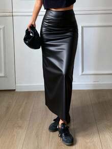 Livesso 女士PU紧身高开衩半身裙秋冬皮裙Y2k - 黑色 - 查看 5