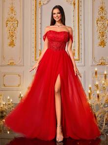 VIPGIRL New Red Off-Shoulder Fishbone Sequin Contrast Mesh Elegant Waist-Flattering Women's Formal Evening Gown - Red - View 3