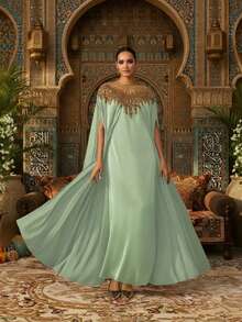 奢华绿色卡夫坦长袍，饰以金色亮片，缎面面料，派对阿巴雅长袍，卡夫坦长袍，阿巴雅长袍（宽松版型 - 请查看尺码表） - 薄荷綠 - 查看 8