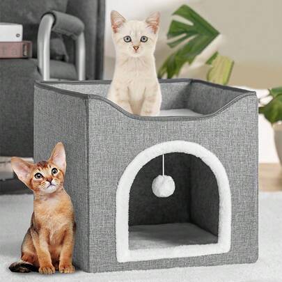 Bakaji Cuccia per Gatti Pieghevole con Ingresso ad Arco, Casetta Tiragraffi per Animali Domestici in Poliestere Imbottito, Cuccetta Graffiatoio Grigio 2 Ripiani Letto Base Antiscivolo Ampia Apertura
