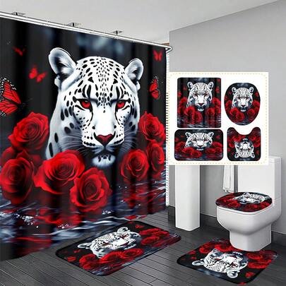 1件/3件/4件情人节动物豹纹玫瑰多功能浴室浴帘装饰套装，赠送12个挂钩，营造优雅节日氛围，包含浴室地垫、U型马桶垫和圆形马桶垫，适用于各种浴室场景。