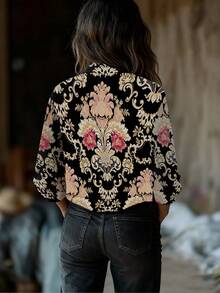 Áo sơ mi nữ cỡ lớn in họa tiết retro, thiết kế hai túi phía trước, màu đen, thích hợp cho mùa xuân. - màu đen - Xem 3
