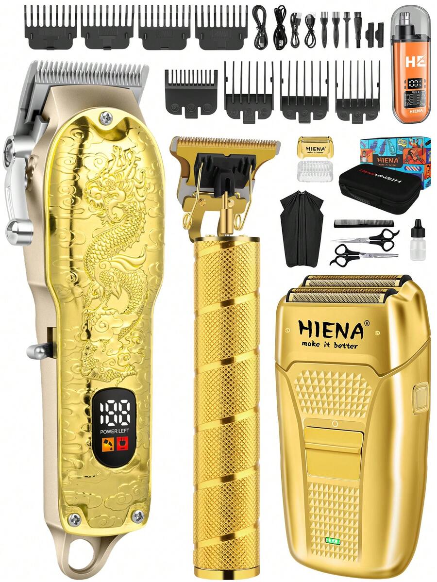 HIENA 4-In-1 Professional Hair Clippers & Beard Grooming Kit, Cordless Electric Hair Trimmer For Men, USB Charging & Digital Display, Hair Tools For Men, Portable Electric Shavers, Household Barber Supplies, Christmas Dad Gifts, Men's Gifts - 金色 - 查看 1