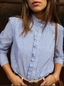 Polyester Digital Printed Striped Elegant Casual Frill Collar Long Sleeve Blouse Top - Blue - View 1